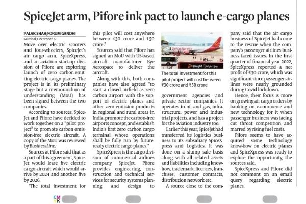 SpiceJet arm, Pifore ink pact to launch e-cargo planes